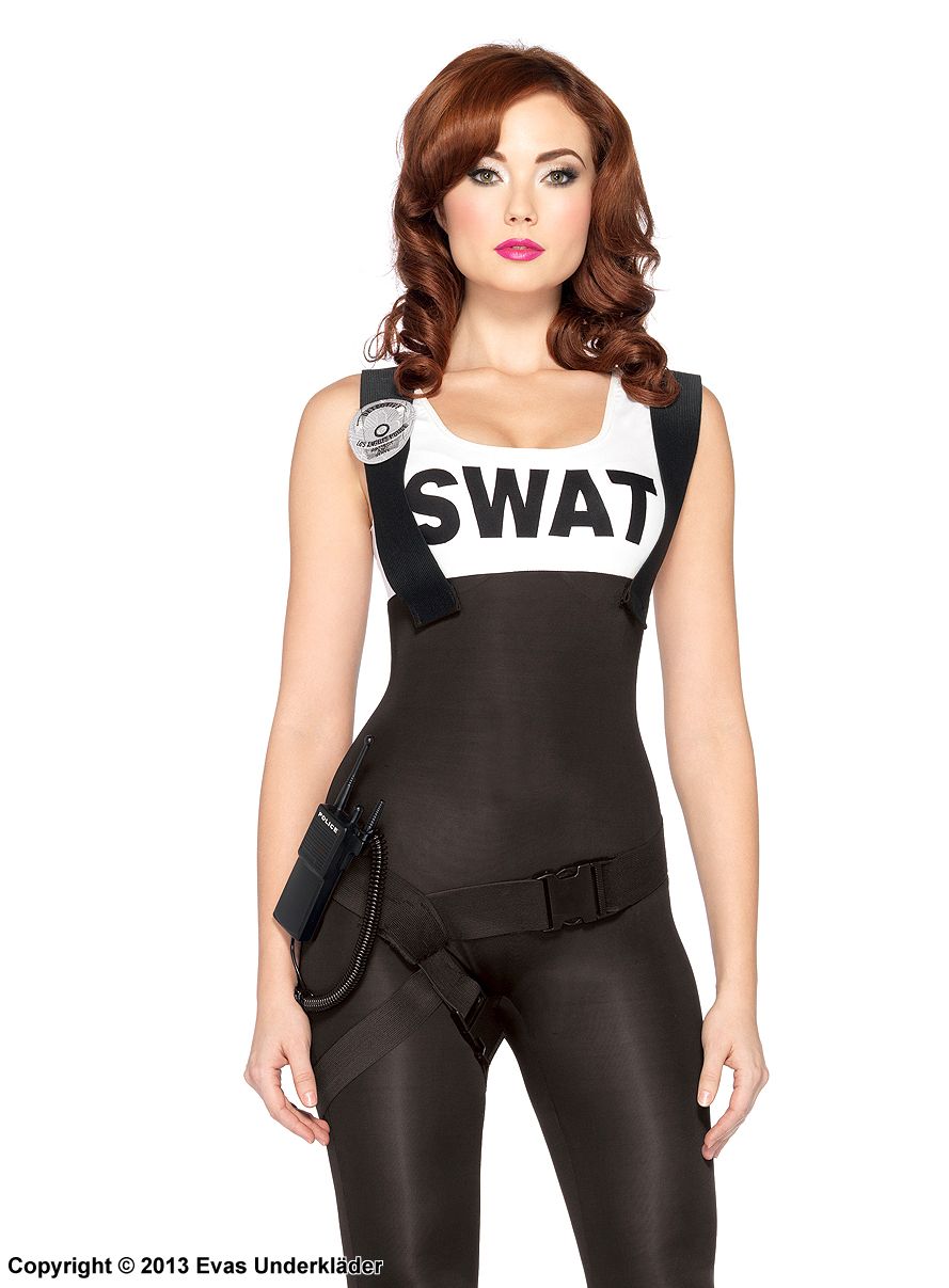 Kvinnelig SWAT-betjent, kostyme-jumpsuit, belte, seler